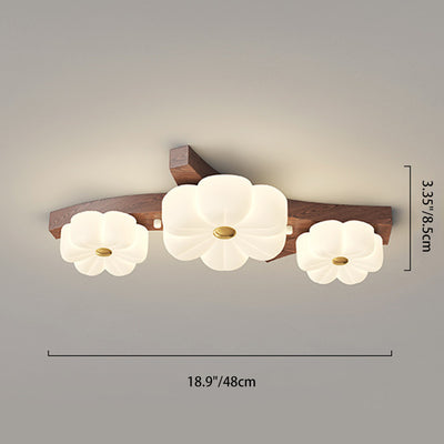 Contemporary Nordic Flowers PE Lampshade Rubber Wood LED Flush Mount Ceiling Light For Living Room