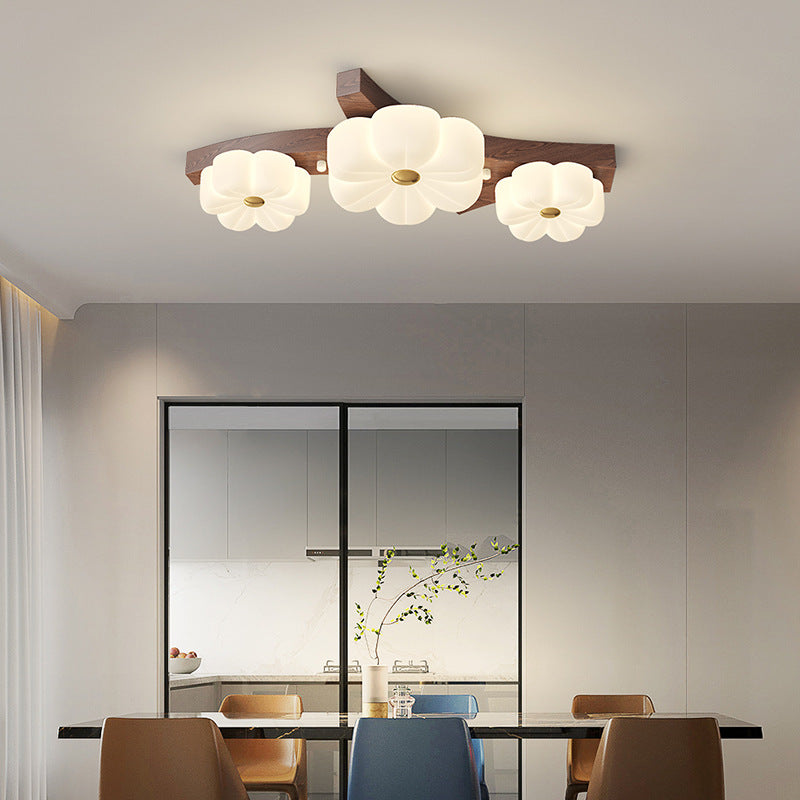 Contemporary Nordic Flowers PE Lampshade Rubber Wood LED Flush Mount Ceiling Light For Living Room