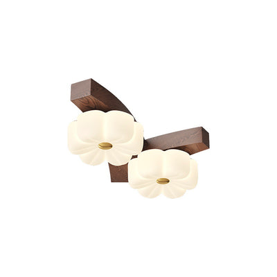 Contemporary Nordic Flowers PE Lampshade Rubber Wood LED Flush Mount Ceiling Light For Living Room