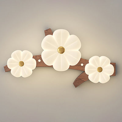 Contemporary Nordic Flowers PE Lampshade Rubber Wood LED Flush Mount Ceiling Light For Living Room