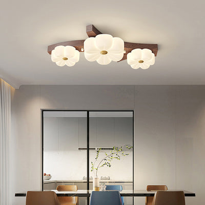 Contemporary Nordic Flowers PE Lampshade Rubber Wood LED Flush Mount Ceiling Light For Living Room