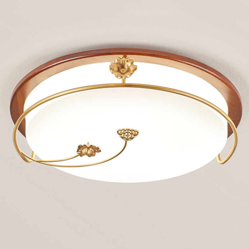 Traditional Chinese Round Rectangle Stitching Copper Flowers Acrylic Solid Wood LED Flush Mount Ceiling Light For Dining Room