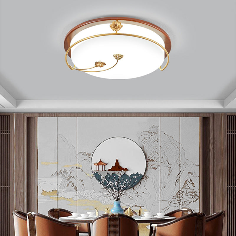 Traditional Chinese Round Rectangle Stitching Copper Flowers Acrylic Solid Wood LED Flush Mount Ceiling Light For Dining Room