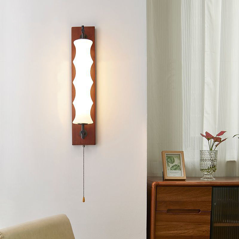 Contemporary Retro Rectangular Cylinder Solid Wood Iron Glass LED Wall Sconce Lamp For Living Room