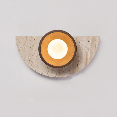 Traditional Japanese Semicircle Round Splicing Yellow Travertine Solid Wood Glass 1 - Light Wall Sconce Lamp For Bedside