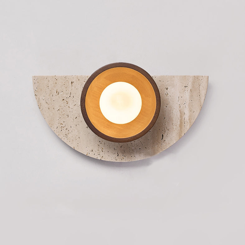 Traditional Japanese Semicircle Round Splicing Yellow Travertine Solid Wood Glass 1 - Light Wall Sconce Lamp For Bedside