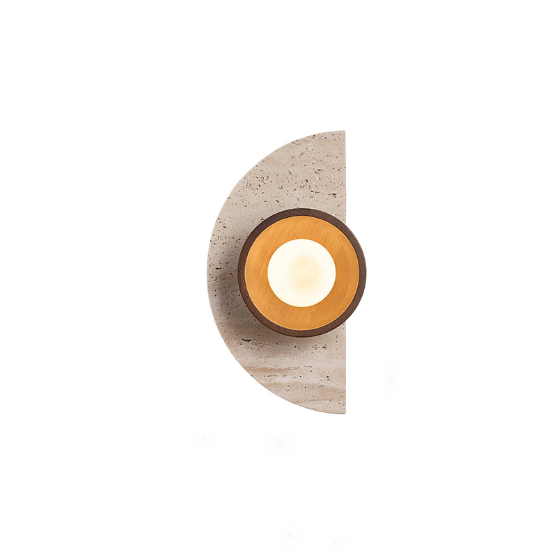 Traditional Japanese Semicircle Round Splicing Yellow Travertine Solid Wood Glass 1 - Light Wall Sconce Lamp For Bedside