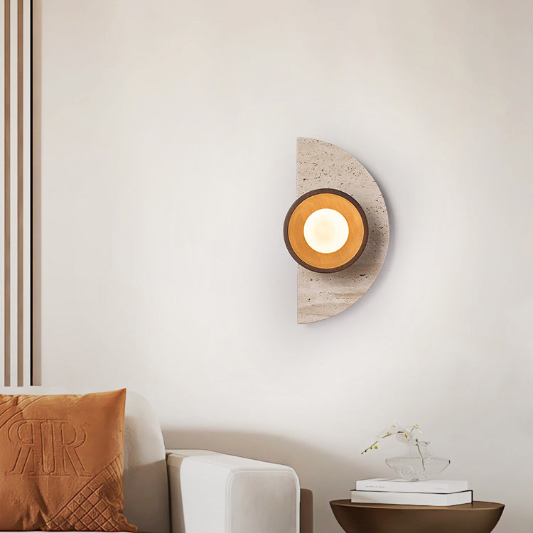 Traditional Japanese Semicircle Round Splicing Yellow Travertine Solid Wood Glass 1 - Light Wall Sconce Lamp For Bedside