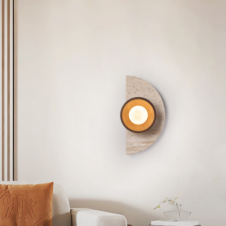 Traditional Japanese Semicircle Round Splicing Yellow Travertine Solid Wood Glass 1 - Light Wall Sconce Lamp For Bedside