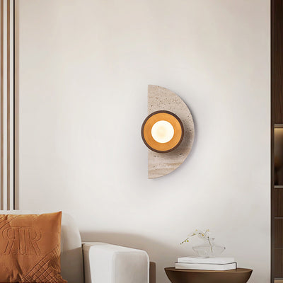 Traditional Japanese Semicircle Round Splicing Yellow Travertine Solid Wood Glass 1 - Light Wall Sconce Lamp For Bedside