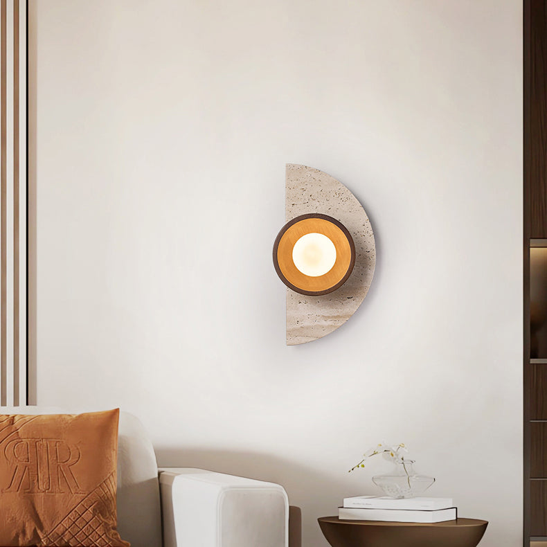 Traditional Japanese Semicircle Round Splicing Yellow Travertine Solid Wood Glass 1 - Light Wall Sconce Lamp For Bedside