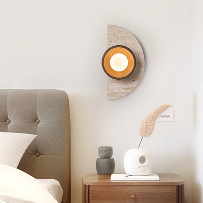 Traditional Japanese Semicircle Round Splicing Yellow Travertine Solid Wood Glass 1 - Light Wall Sconce Lamp For Bedside