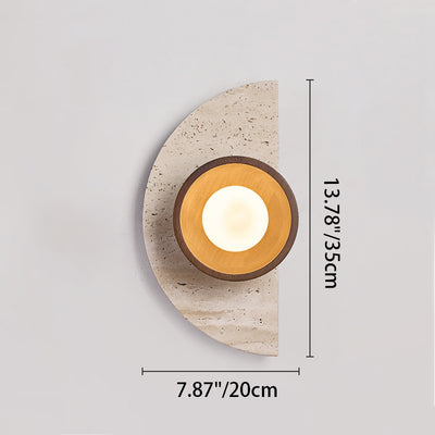 Traditional Japanese Semicircle Round Splicing Yellow Travertine Solid Wood Glass 1 - Light Wall Sconce Lamp For Bedside