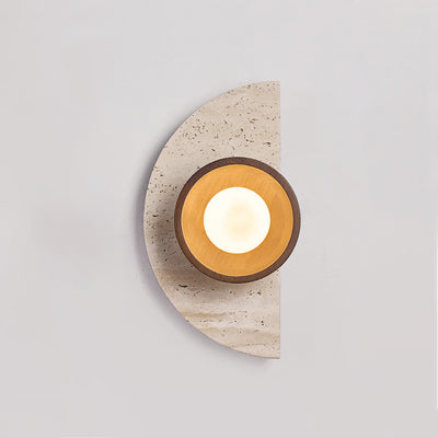 Traditional Japanese Semicircle Round Splicing Yellow Travertine Solid Wood Glass 1 - Light Wall Sconce Lamp For Bedside