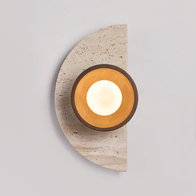 Traditional Japanese Semicircle Round Splicing Yellow Travertine Solid Wood Glass 1 - Light Wall Sconce Lamp For Bedside