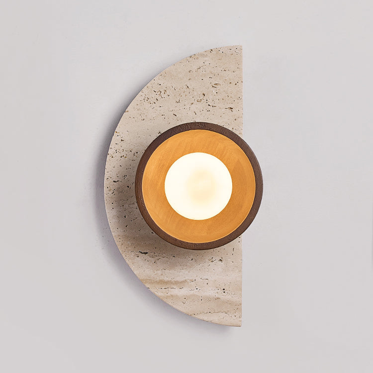 Traditional Japanese Semicircle Round Splicing Yellow Travertine Solid Wood Glass 1 - Light Wall Sconce Lamp For Bedside