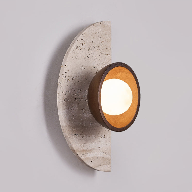 Traditional Japanese Semicircle Round Splicing Yellow Travertine Solid Wood Glass 1 - Light Wall Sconce Lamp For Bedside