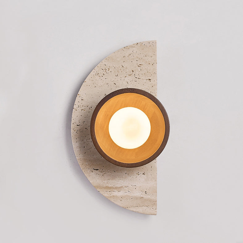 Traditional Japanese Semicircle Round Splicing Yellow Travertine Solid Wood Glass 1 - Light Wall Sconce Lamp For Bedside