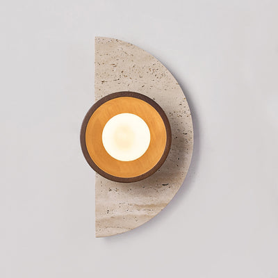 Traditional Japanese Semicircle Round Splicing Yellow Travertine Solid Wood Glass 1 - Light Wall Sconce Lamp For Bedside