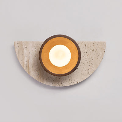 Traditional Japanese Semicircle Round Splicing Yellow Travertine Solid Wood Glass 1 - Light Wall Sconce Lamp For Bedside