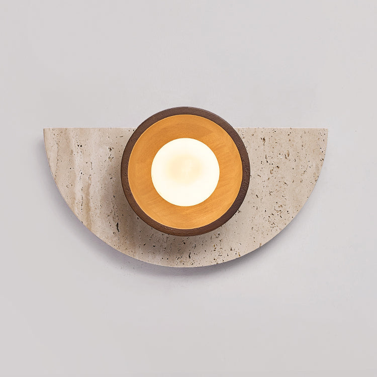 Traditional Japanese Semicircle Round Splicing Yellow Travertine Solid Wood Glass 1 - Light Wall Sconce Lamp For Bedside