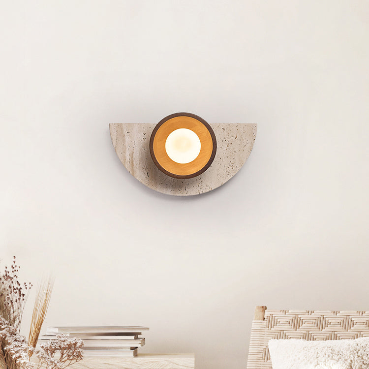 Traditional Japanese Semicircle Round Splicing Yellow Travertine Solid Wood Glass 1 - Light Wall Sconce Lamp For Bedside