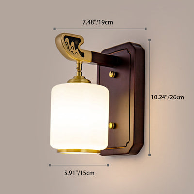 Traditional Chinese Lantern Shape Glass Lampshade Wood Copper 1 - Light Wall Sconce Lamp For Bedroom