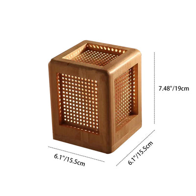 Traditional Japanese Square Cube Hole Rubber Wood 1 - Light Table Lamp For Bedroom