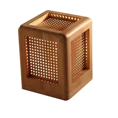 Traditional Japanese Square Cube Hole Rubber Wood 1 - Light Table Lamp For Bedroom