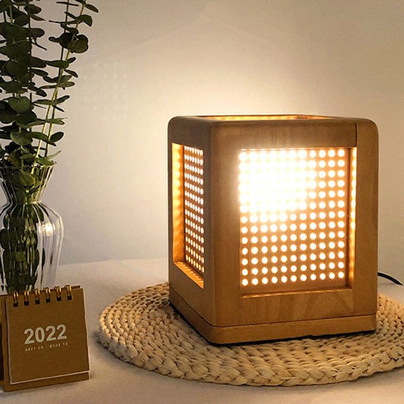 Traditional Japanese Square Cube Hole Rubber Wood 1 - Light Table Lamp For Bedroom