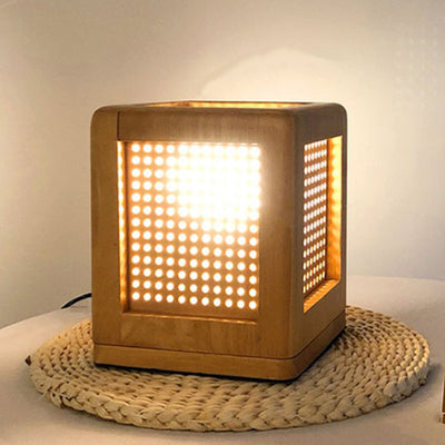 Traditional Japanese Square Cube Hole Rubber Wood 1 - Light Table Lamp For Bedroom