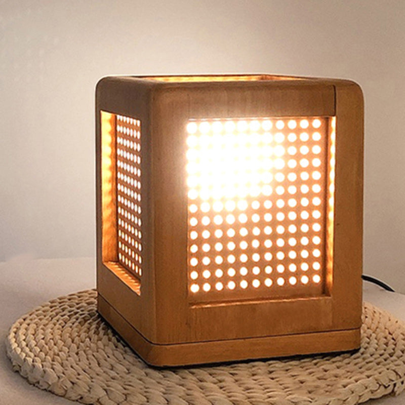 Traditional Japanese Square Cube Hole Rubber Wood 1 - Light Table Lamp For Bedroom