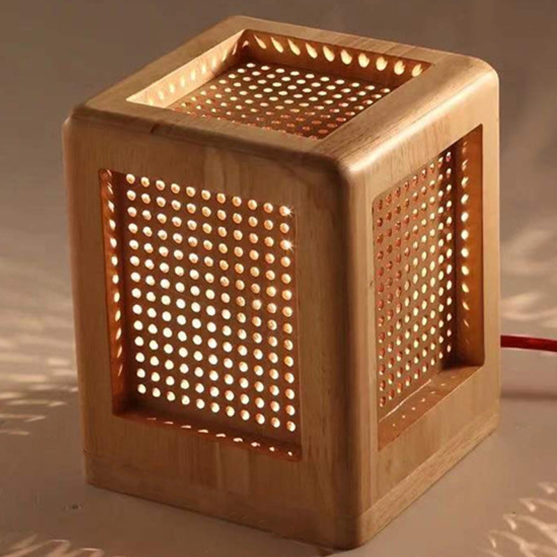 Traditional Japanese Square Cube Hole Rubber Wood 1 - Light Table Lamp For Bedroom