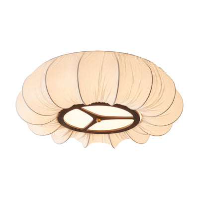 Traditional French Round Fabric Lampshade Iron Solid Wood LED Semi-Flush Mount Ceiling Light For Living Room