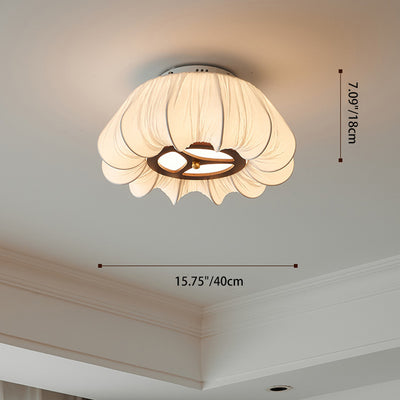 Traditional French Round Fabric Lampshade Iron Solid Wood LED Semi-Flush Mount Ceiling Light For Living Room