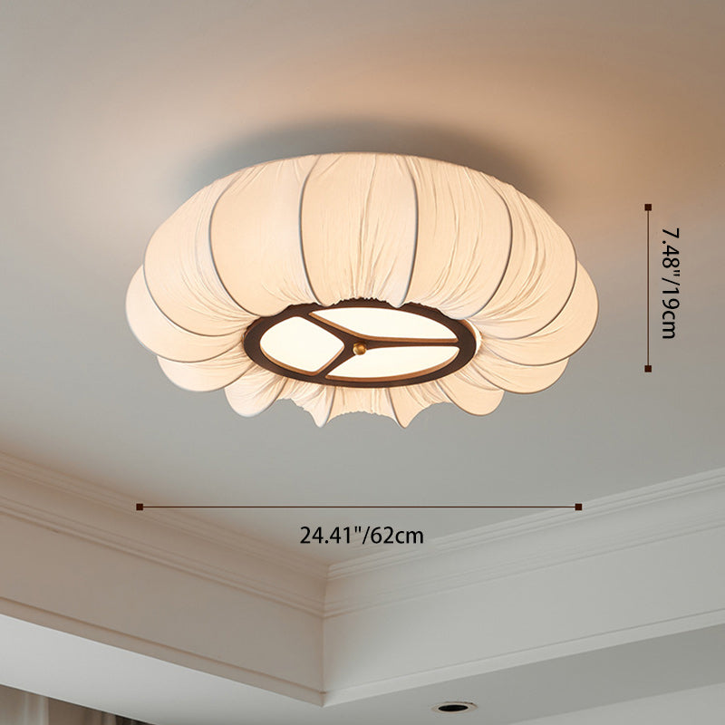 Traditional French Round Fabric Lampshade Iron Solid Wood LED Semi-Flush Mount Ceiling Light For Living Room