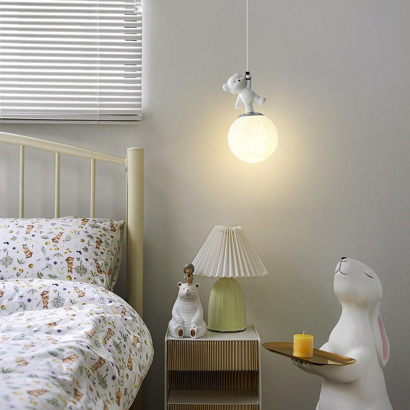 Contemporary Nordic Bear Round Ball Resin Glass Iron 1 - Light Pendant Light For Bedside