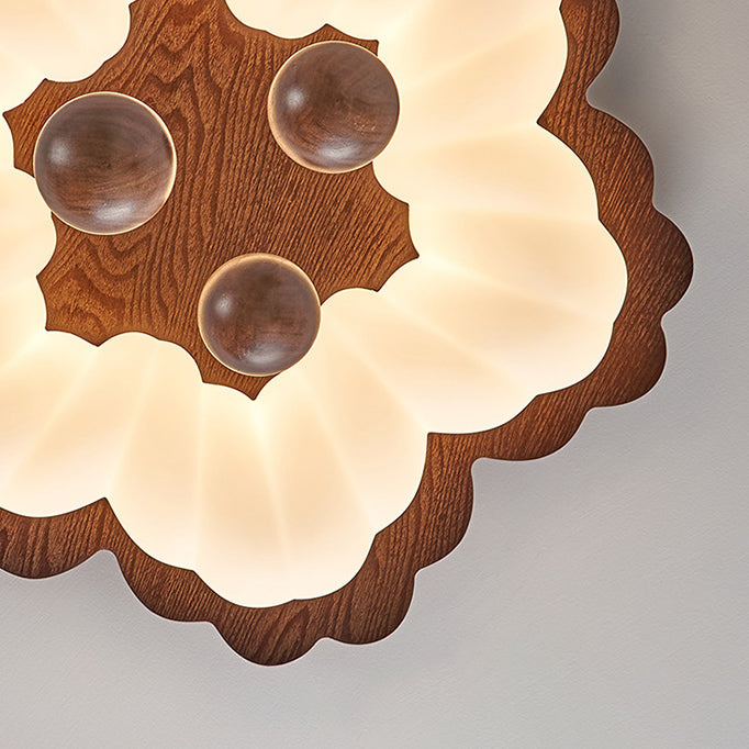 Contemporary Retro Flower Shape Wood Rotational Molding LED Flush Mount Ceiling Light For Bedroom