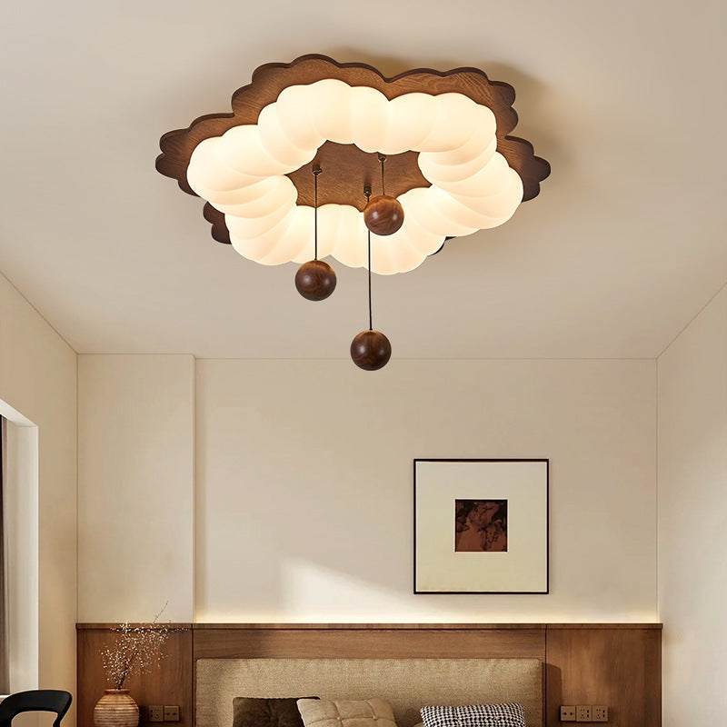 Contemporary Retro Flower Shape Wood Rotational Molding LED Flush Mount Ceiling Light For Bedroom