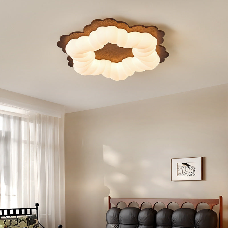 Contemporary Retro Flower Shape Wood Rotational Molding LED Flush Mount Ceiling Light For Bedroom