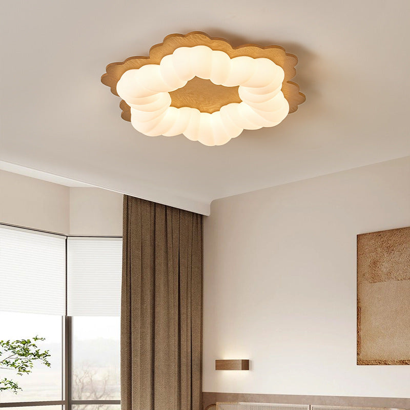 Contemporary Retro Flower Shape Wood Rotational Molding LED Flush Mount Ceiling Light For Bedroom