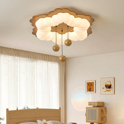 Contemporary Retro Flower Shape Wood Rotational Molding LED Flush Mount Ceiling Light For Bedroom