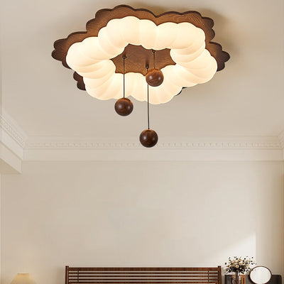 Contemporary Retro Flower Shape Wood Rotational Molding LED Flush Mount Ceiling Light For Bedroom