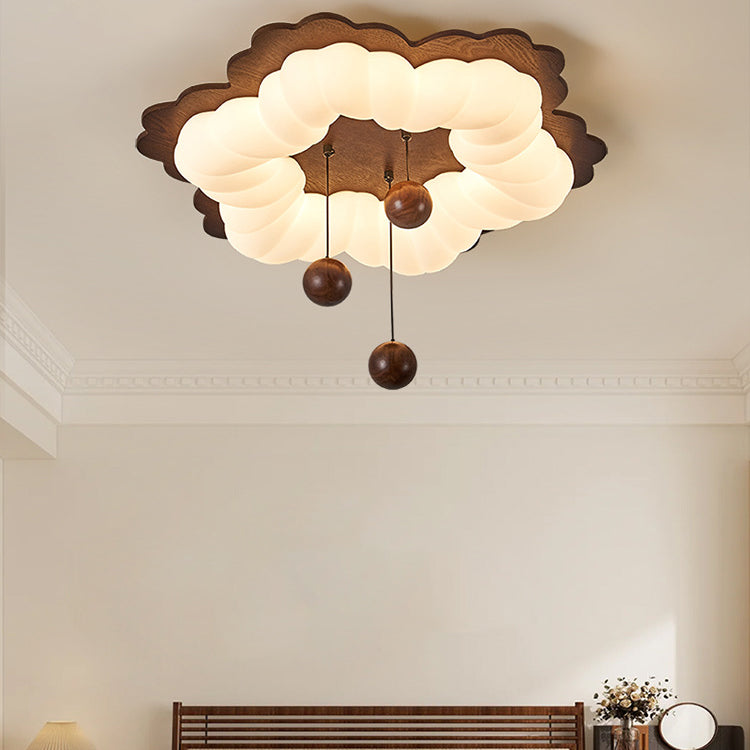 Contemporary Retro Flower Shape Wood Rotational Molding LED Flush Mount Ceiling Light For Bedroom