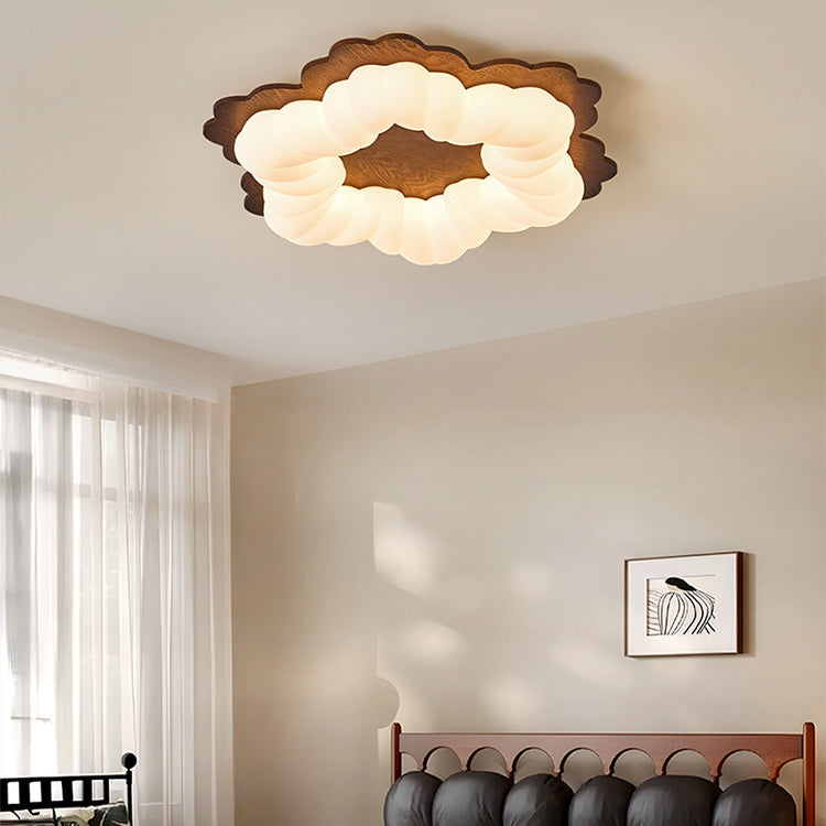 Contemporary Retro Flower Shape Wood Rotational Molding LED Flush Mount Ceiling Light For Bedroom