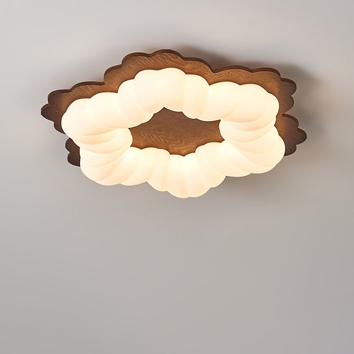 Contemporary Retro Flower Shape Wood Rotational Molding LED Flush Mount Ceiling Light For Bedroom