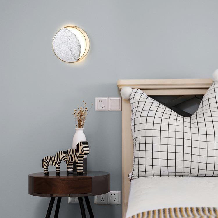 Modern Art Deco Metal Marble Circle LED Wall Sconce Lamp For Bedroom