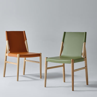 Chaise de salle à manger avec dossier en cuir de selle et cadre en bois rectangulaire carré moderne minimaliste 