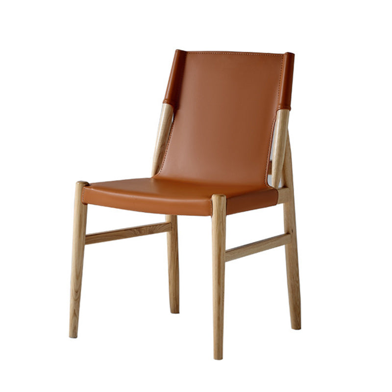 Chaise de salle à manger avec dossier en cuir de selle et cadre en bois rectangulaire carré moderne minimaliste 