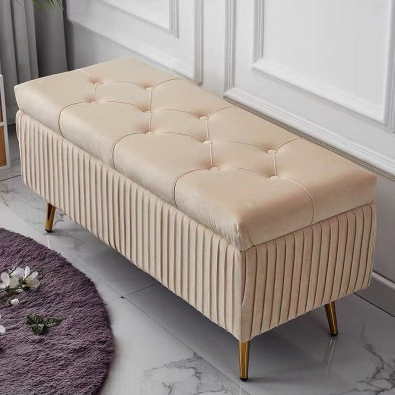 Modern Luxury Flannel Wood Sponge Rectangular Striped Storage Bench Backless For Entryway